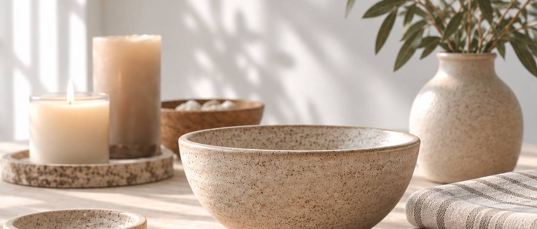 Objetos de bazar sobre una mesa con luz de ventana